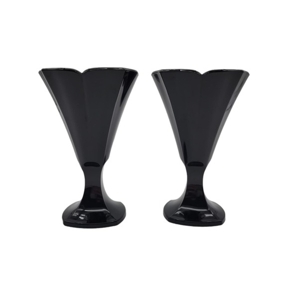 2 Vtg Luminarc Black‎ Amethyst Glass Ice Cream Dish French Scallop Art Deco Pair